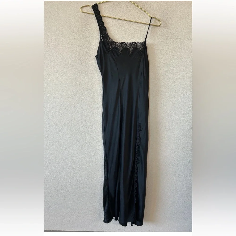 Vintage Y2K Black Silk Slip Dress Lace One Shoulder Maxi Goth S/M - Picture 7 of 13